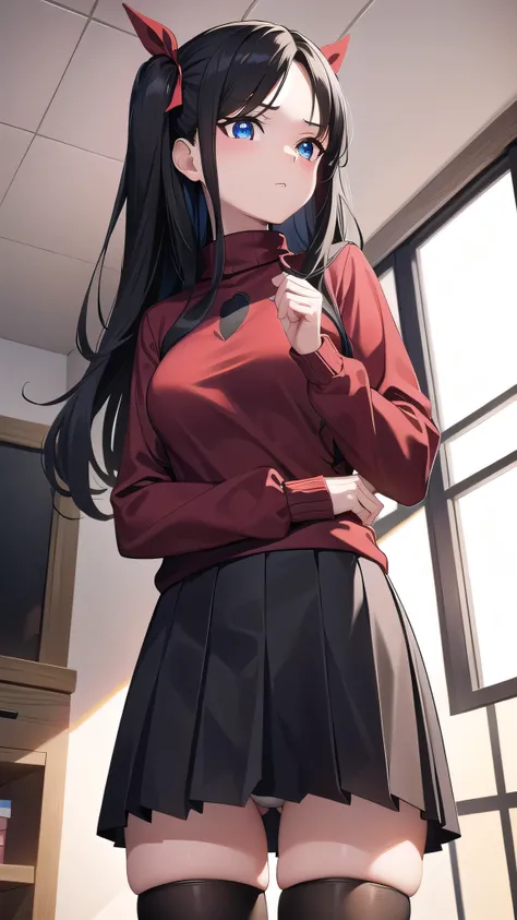 rintohsaka, rin tohsaka kyockcho, aqua eyes, (black hair:1.5), hair ribbon, long hair, ribbon, sidelocks, two side up, (parted bangs:1.5),
BREAK black skirt, black thighhighs, long sleeves, miniskirt, pleated skirt, (red sweater:1.5), skirt, sweater, thigh...