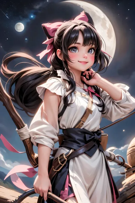 a cut archer girl smiling ((holding a bow)), a falcon perched on the bow, fantasy art style, at night, nighs scenery, moon, starry sky