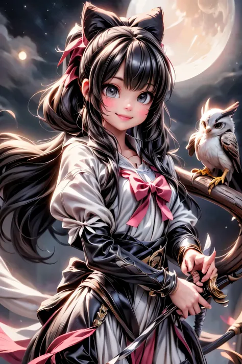 a cute archer girl smiling, ((holding a bow)), a falcon perched ((on the bow)), fantasy art style, at night, nighs scenery, moon, starry sky