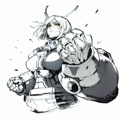 a drawing of a woman with a large head and a big body, angry female cyborg, female mecha, ferra white mecha, # mecha, young lady cyborg, girl in mecha cyber armor, battle angel manga, anime cyborg, japanese cyborg, perfect anime cyborg woman, female cyborg...