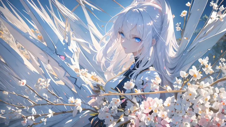 Anime girl with white hair and blue eyes in a white dress, Anime Art Wallpaper 8K, Anime Art Wallpaper 4K, Anime Art Wallpaper 4K, Detailed anime art digital, beautiful fantasy anime, anime fantasy illustration, Beautiful anime artwork, 4K anime style, Ani...