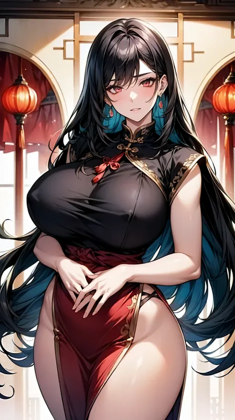 (art: 1.2), (best quality: 1.2) 1 woman, mature teenager, 185 cm tall, looked to be around 25 years old, she had long black hair like darkness, hair parted in the middle, straight hair and sparkles attached to a green jade hairpin, piercing ruby ​​red eyes...