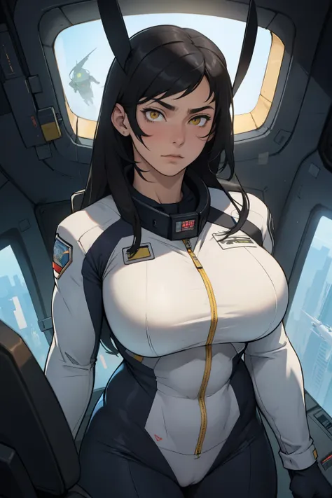 massive hair huge tits giant muscles expressionless sad girl black hair long hair yellow eyes pale skin extremely thick ((alien suit inside spaceship cockpit))