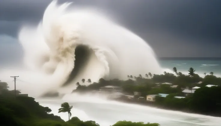 Realistic dystopian style cinematic photo,
A dramatic image shows Category 5 Hurricane Beryl devastating the island of Jamaica with strong winds and giant waves