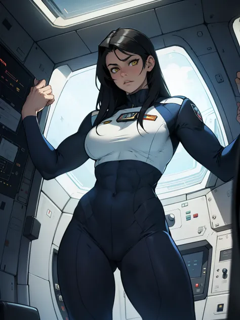 massive hair huge tits giant muscles expressionless sad girl black hair long hair yellow eyes pale skin extremely thick ((alien suit inside spaceship cockpit))