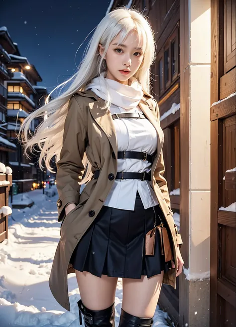 Beautiful Japanese Waifu, early 30s, white hair, long coat, mini skirt, over knee boots, in a snowy night