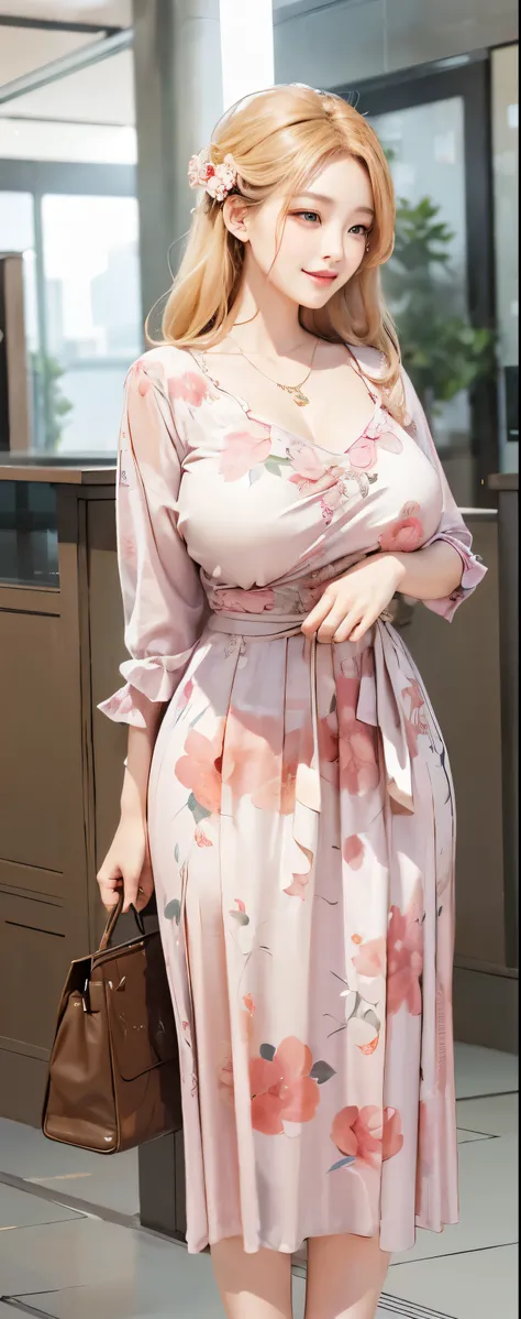 A beautiful korean mother, huge big breasts, standing in a lush garden, smiling sweetly, detailed face and features, photorealistic, highly detailed, 8k, hyperrealistic, elegant dress, sweet expression, warm lighting, cinematic composition, soft colors, be...