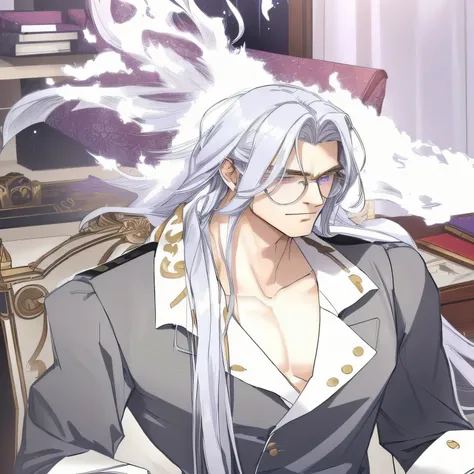 Man in his late twenties in 18th century sitting in office room. He has silver long hair which falls like waterfall on his chest. He has violet eyes and wearing roung silver glasses 