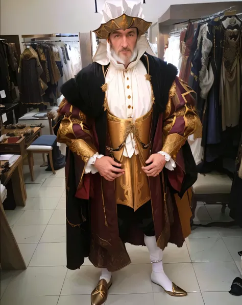 arafed man in a costume standing in a clothing store, wearing aristocrat robe, wearing elegant tudor clothes, inspired by Hans Holbein the Elder, old english garb, in historic clothing, in costume, wearing dramatic aristocrat robe, renaissance era clothing...