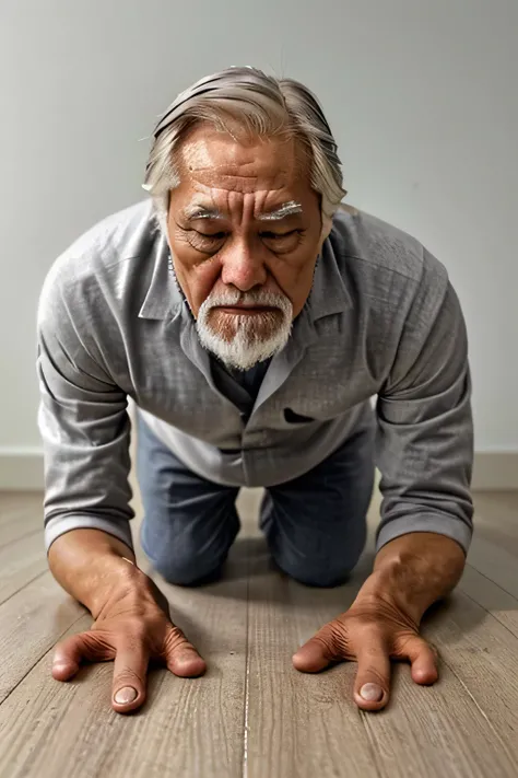 A grey-haired man puts his face close to the floor to search for a dropped contact lens、From the side、whole body