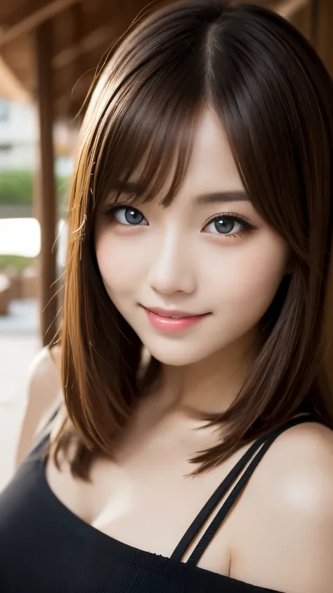 Tabletop, Highest quality, shape, Very detailed, finely, High resolution, 8k wallpaper, 完璧なダイナミックな構shape, Beautiful and beautiful eyes, Feminine girl fashion,brown hair straight long,Huge 、Bangs covering one eye、Natural color lip, Bold sexy pose,smile,Hara...