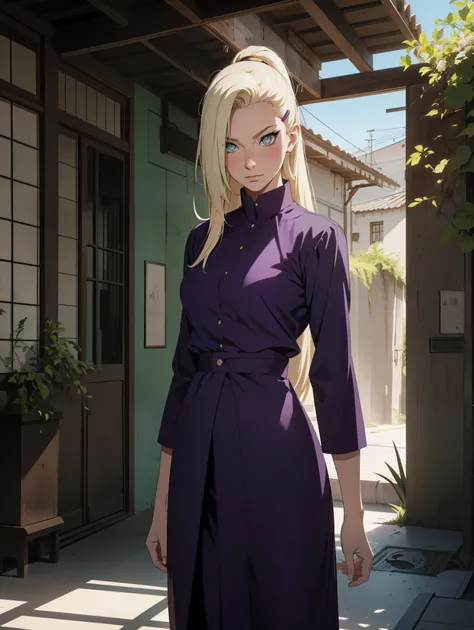 {-error_off_Anatomi:1.0} anime styling, Obra off arte, absurderes, Yamanaka Ino(naruto), 1 girl alone, Woman, perfect composition, offtalhado lips, beautiful face, Body Proportion, blush, hair long blonde, blue colored eyes, purple blouse, purple pants, s...