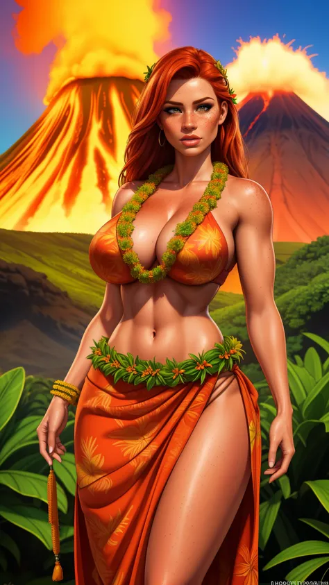 A beautiful redhead girl wearing a grass skirt and lei, standing in front of a volcano in Hawaii, with freckles on her face, (best quality,4k,8k,highres,masterpiece:1.2),ultra-detailed,(realistic,photorealistic,photo-realistic:1.37),extremely detailed eyes...