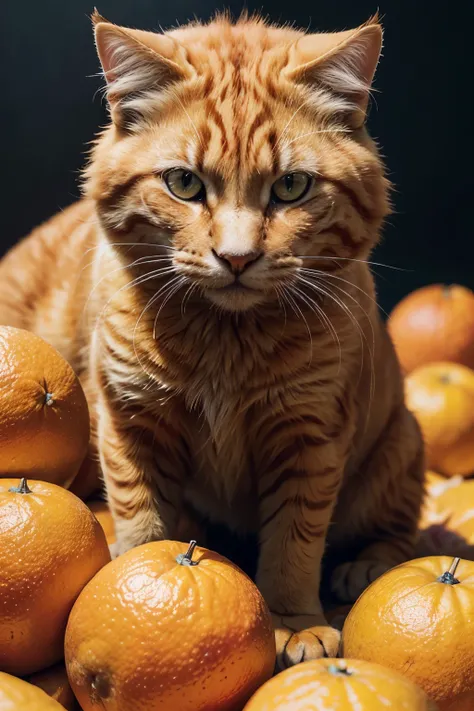 orange cat, orange cat sitting in a pile of oranges, detailed realistic fur texture, highly detailed, photorealistic, 8k, intricate details, vibrant colors, natural lighting, soft focus background, (best quality,4k,8k,highres,masterpiece:1.2),ultra-detaile...