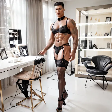 A masculine muscular hunk man with very short hair,  lingerie, gaff, black nylon stockings with lace top, padded bra, extreme black stiletto high heels and with metal heels and pointy toes garterbelt, with makeup, fake nails and fake eyelashes, long earrin...