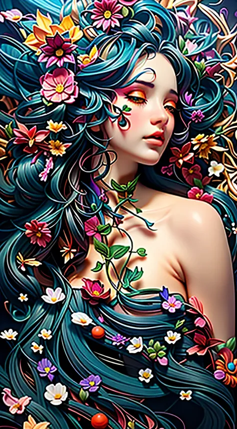 a closeup of a woman with a flowery head and a black dress, arte assombrosamente bela, natalie shau, bela arte digital, lindo ar...