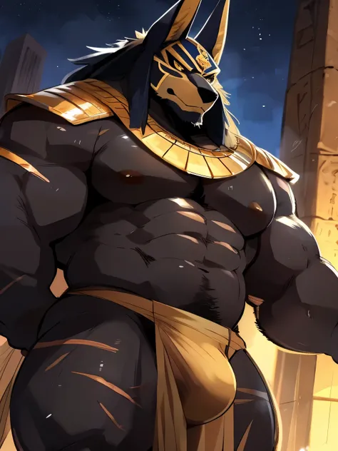 Muscular, male, furry, fluffy, Covered scars, bare chest, hot, wet, abs, wide body, egyptian jewelry, egyptian armor, Looking at viewers, thick beard , (bara pecs: 1.1), anthro jackal, anubis mask, black body, black furr chest, wide body, (big chest: 1.1) ...