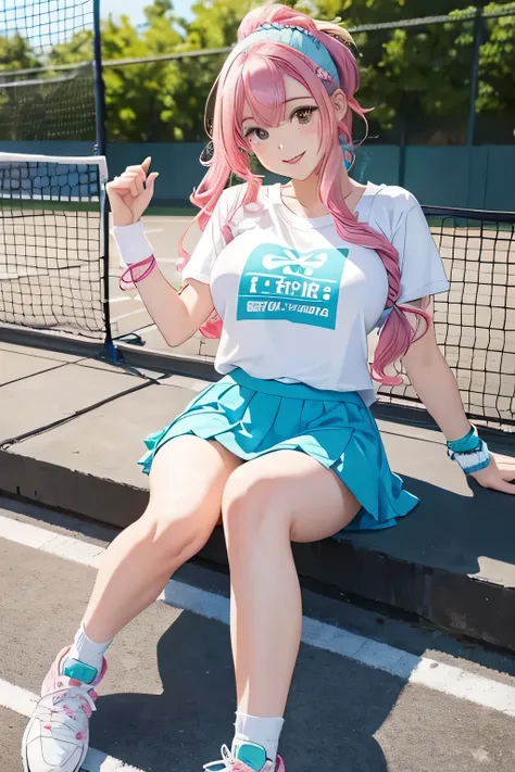 Highest quality、High resolution、Detailed Background、(Detailed eyes:1.2)、Teenage beauty、(Highly detailed face:1.4)、(Huge breasts:1.2)、Cute hair color、Cute hairstyle、Perfect body line、Tennis court、Girls enjoying tennis、smile、Uplifting、One-piece tennis wear w...