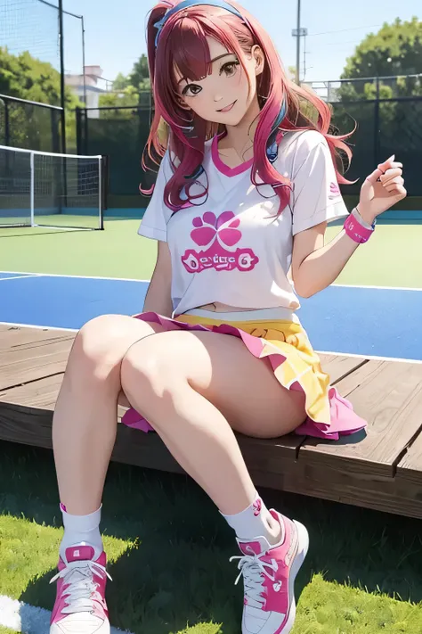 Highest quality、High resolution、Detailed Background、(Detailed eyes:1.2)、Teenage beauty、(Highly detailed face:1.4)、(Huge breasts:1.2)、Cute hair color、Cute hairstyle、Perfect body line、Tennis court、Girls enjoying tennis、smile、Uplifting、One-piece tennis wear w...