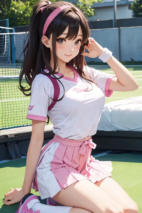 Highest quality、High resolution、Detailed Background、(Detailed eyes:1.2)、Teenage beauty、(Highly detailed face:1.4)、(Huge breasts:1.2)、Cute hair color、Cute hairstyle、Perfect body line、Tennis court、Girls enjoying tennis、smile、Uplifting、One-piece tennis wear w...