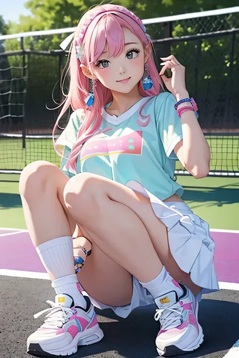 Highest quality、High resolution、Detailed Background、(Detailed eyes:1.2)、Teenage beauty、(Highly detailed face:1.4)、(Huge breasts:1.2)、Cute hair color、Cute hairstyle、Perfect body line、Tennis court、Girls enjoying tennis、smile、Uplifting、One-piece tennis wear w...