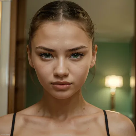 Close mouth, Zoom on face, Perfect russian version of Adriana Lima, 16 years old, Cute little nose, Perfect lips, Green eyes, No hair on face