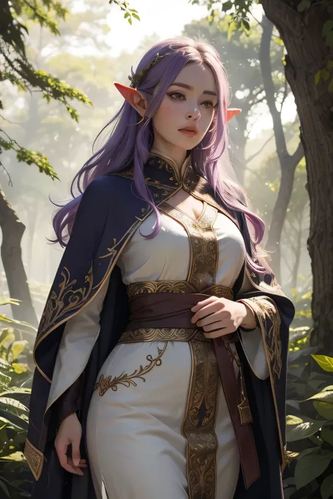 ((best qualityer)), ((work of art)), (detailded), high qualiy, 8K Ultra-HD, 1 A beautiful elf, rosto de Liv Tyler ,Long silky light purple hair, elf ears, olhos amendoados, thin lips, Round face, standing in the forest, vestindo long robe , clothes of an e...