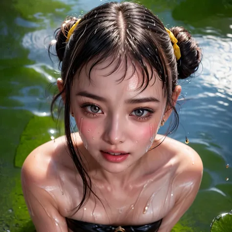 masterpiece of ExtremelyDetailed (ProfessionalPhoto of Stunning women:1.4) Looking at Sky, (((Downpour))), BraidHair with bun, (Joyful Expressions LifeLike Rendering), ((Extremely detailed beautiful face and eyes)) BlushAhegao SmoothArmpit LiquidSoap White...