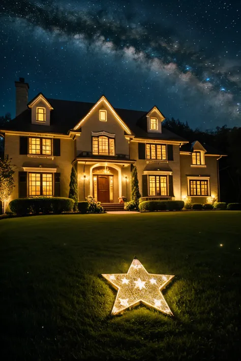 ((Best Quality)), ((Masterpiece)), (detailed), fairy tale star shining with other stars and illuminating a house at night
