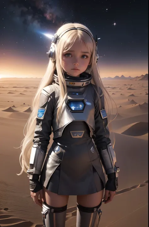 Ultra realistic   girl 8 years old , nordic ,    body  , long blonde hair frinje  , alienigena girl . Uniforme  prateado , space girl , sci-fi , silver skirt , OVNI  . Desert , nave espacial . Arma espacial 