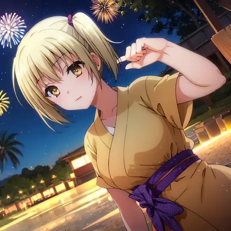 Kyoko kimono in the night firework ,Blonde hair , yellowish eyes, pig tailed haired 