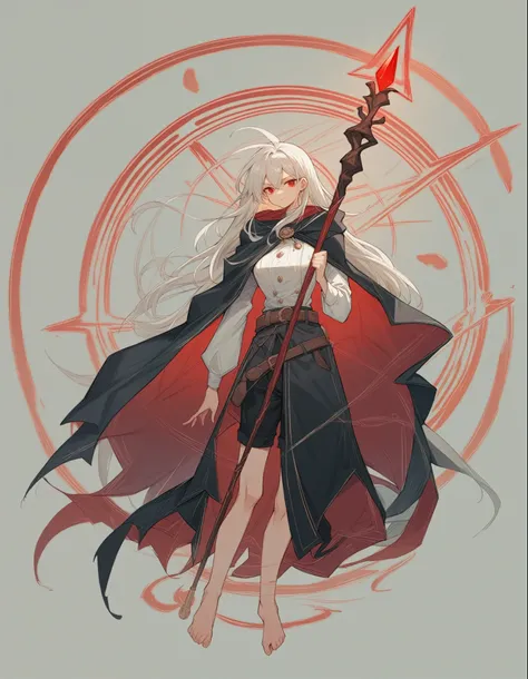 Height 165cm，Red eyes，Long hair，Hair color gray。Wearing a black cape with red stripes，Under the cloak is a set of red and white uniforms.，Bust B+。The lower body is wearing a pair of black shorts with white edges，A brown belt around the waist，barefoot，Holdi...