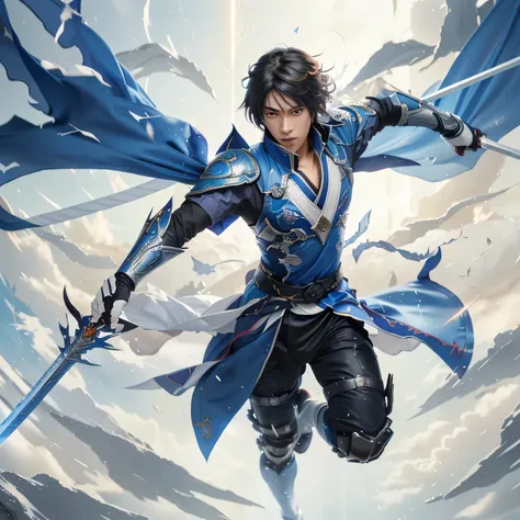 anime character with sword and blue cape flying through the air, keqing from genshin impact, genshin impact character, kaladin stormblessed, by Yang J, zhongli from genshin impact, badass anime 8 k, genshin, detailed key anime art, anime art wallpaper 4k, ...