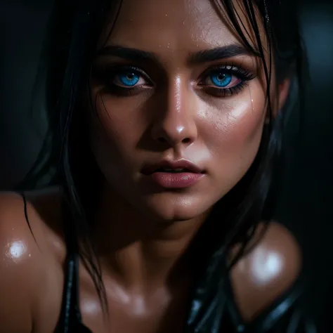 ((full body)), (((posing, sexy pose, alluring pose 1.1))), (Best Quality,High Definition:1.2),Ultra detailed,realistic,Portrait, beautiful girl with gorgeous glowing blue eyes, gothic makeup, large breasts, ((covered nipples)), no underwear, revealing clot...