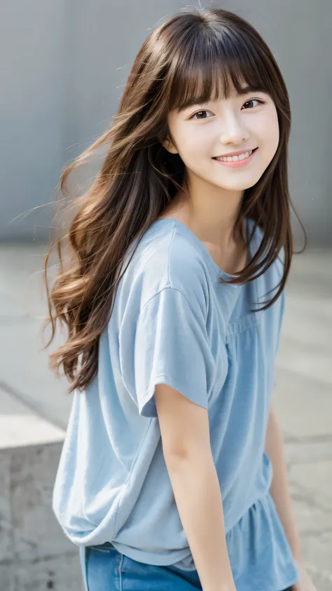 (top-quality、16K resolution) 1 girl、solo、natural soft light、smile, Looking at the camera、casual outfit、Concrete background、Facing the front、is standing、Woman in her late teens、Light bangs、Salon model、Natural look、portlate、floated hair、Rolled hair