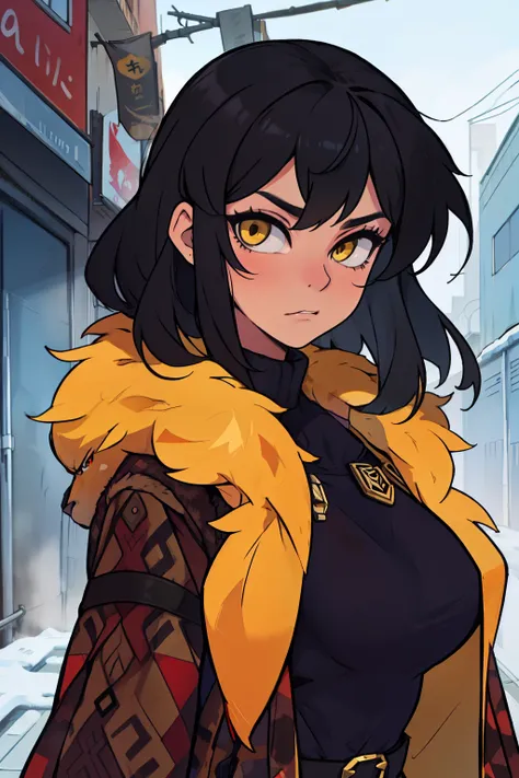 sad girl muscular girl large breasts yellow eyes black hair fur coat fur coat fur coat fur coat fur coat fur coat fur coat