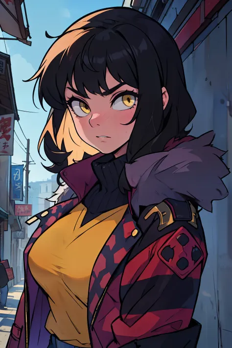 sad girl muscular girl large breasts yellow eyes black hair fur coat fur coat fur coat fur coat fur coat fur coat fur coat