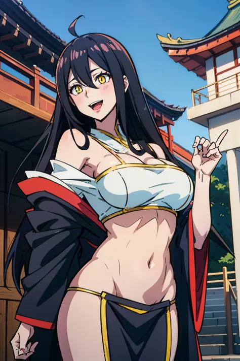 albedow, large breasts, long black hair, yellow eyes,  evil smile,  blush, lipstick, masterpiece, best quality, highly detailed,...