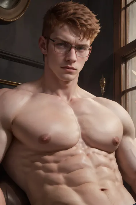 A portrait of a handsome muscular redhead young man with short hair wearing glasses looking sternly at the camera, shirtless ripped, (Best quality, 4k, Masterpiece :1.3), huge pecs , pink nipples, pale skin, lean, closeup