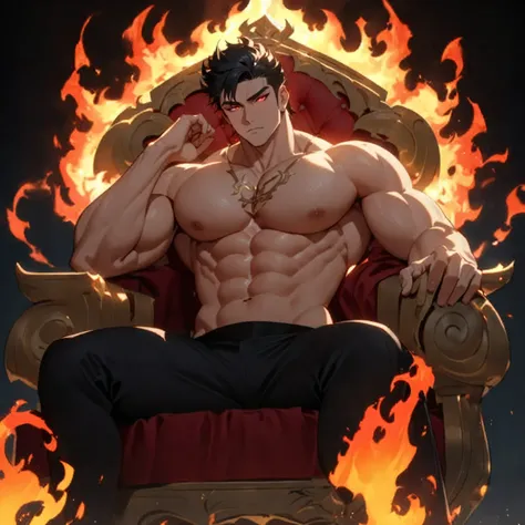 Relaxing on a fiery throne, the god of fire, a handsome man with black hair, exudes power with intense glowing red eyes and large pectorals. His pose is majestic, bathed in dramatic cinematic lighting, creating an atmosphere of divine authority. Large pect...