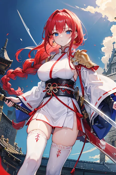 4K,High resolution,One Woman,Red Hair,long hair,Braid,Blue Eyes,Big Breasts,samurai,White sacred armor,White boots,Black fishnet stockings,hair band,Jewelry decoration,Gold decoration,Japanese sword,Medieval castle town,In front of the castle,Morning sky