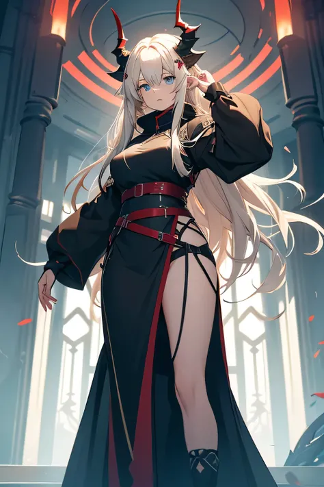 Arknights character Reed, woman with long pale blonde hair, blue-eyed, with black dragon horns pointing up and red dragon tail, wingless, wearing  a long green dress