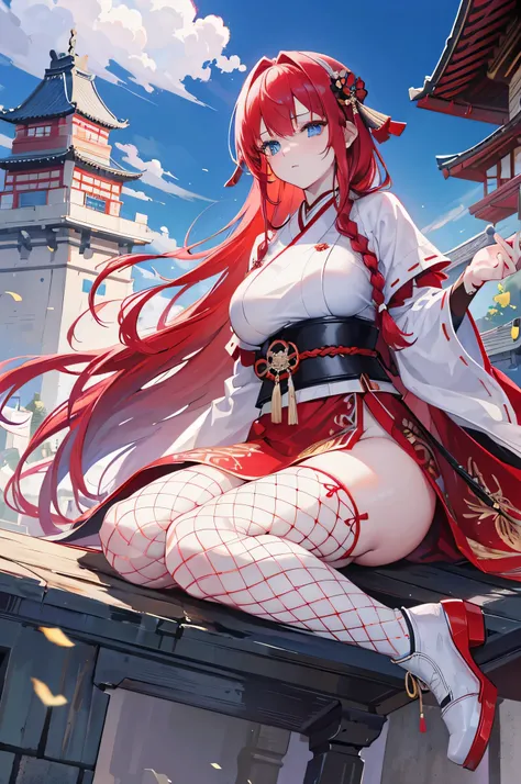 4K,High resolution,One Woman,Red Hair,long hair,Braid,Blue Eyes,Big Breasts,samurai,White sacred armor,White boots,Black fishnet stockings,hair band,Jewelry decoration,Gold decoration,Japanese sword,Medieval castle town,In front of the castle,Morning sky