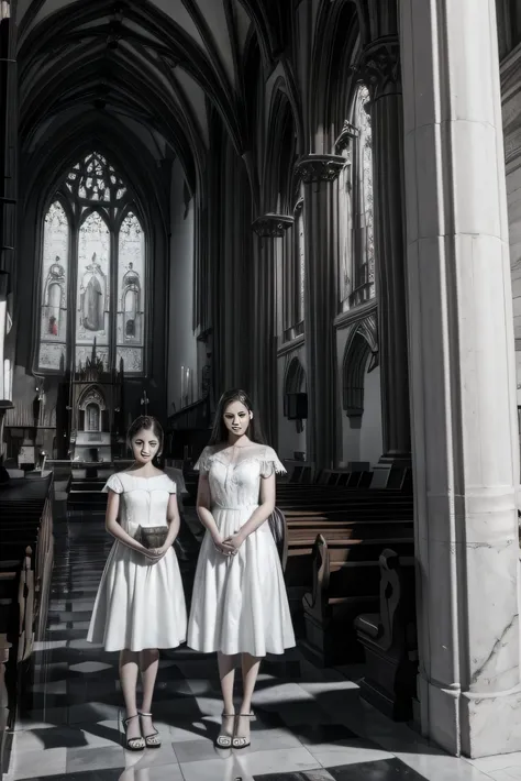 Black and white drawing of a church with sisters with very expensive faces in front  