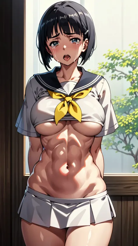 8K,master piece,anime,Perfect Anatomy,Suguha Kirigaya,1female,crossed eyes,(rolling eyes),open mouth,(tongue out),(crying),short sleeved white sailor suit,underboob,micro pleated skirt,(groin),short hair,(huge perky breasts),(Very small waist and slim body...