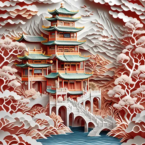 paper cutting，chinese architecture，garden，landscape，sea of clouds，16k, best quality, masterpiece, ultra hd resolution, reasonabl...