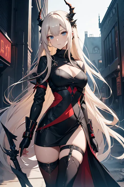 Arknights character Reed, woman with long pale blonde hair, blue-eyed, with black dragon horns pointing up and red dragon tail, wingless, wearing  a black virgin killer dress