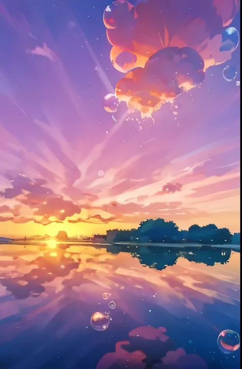 bubbly scenery, colorful anime movie background, floating bubbles, escaping air bubbles, anime background art, beautiful anime scene, beautiful anime scenery, anime background, bubbly underwater scenery, bubbles in the air, sunset