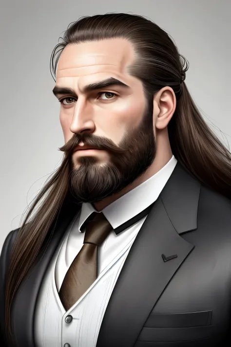 (masterpiece, best quality, ultra-high res, detailed beard stubble, well-groomed, striking high forehead, tall stature, muscular build, wide shoulders, long brown hair, tied back in a sleek ponytail, rugged yet elegant, handsome expression, natural lightin...