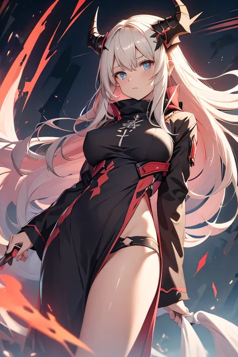 Arknights character Reed, woman with long pale blonde hair, blue-eyed, with black dragon horns pointing up and red dragon tail, wingless, wearing  a pink pijama with nothing below, alone, with big breast